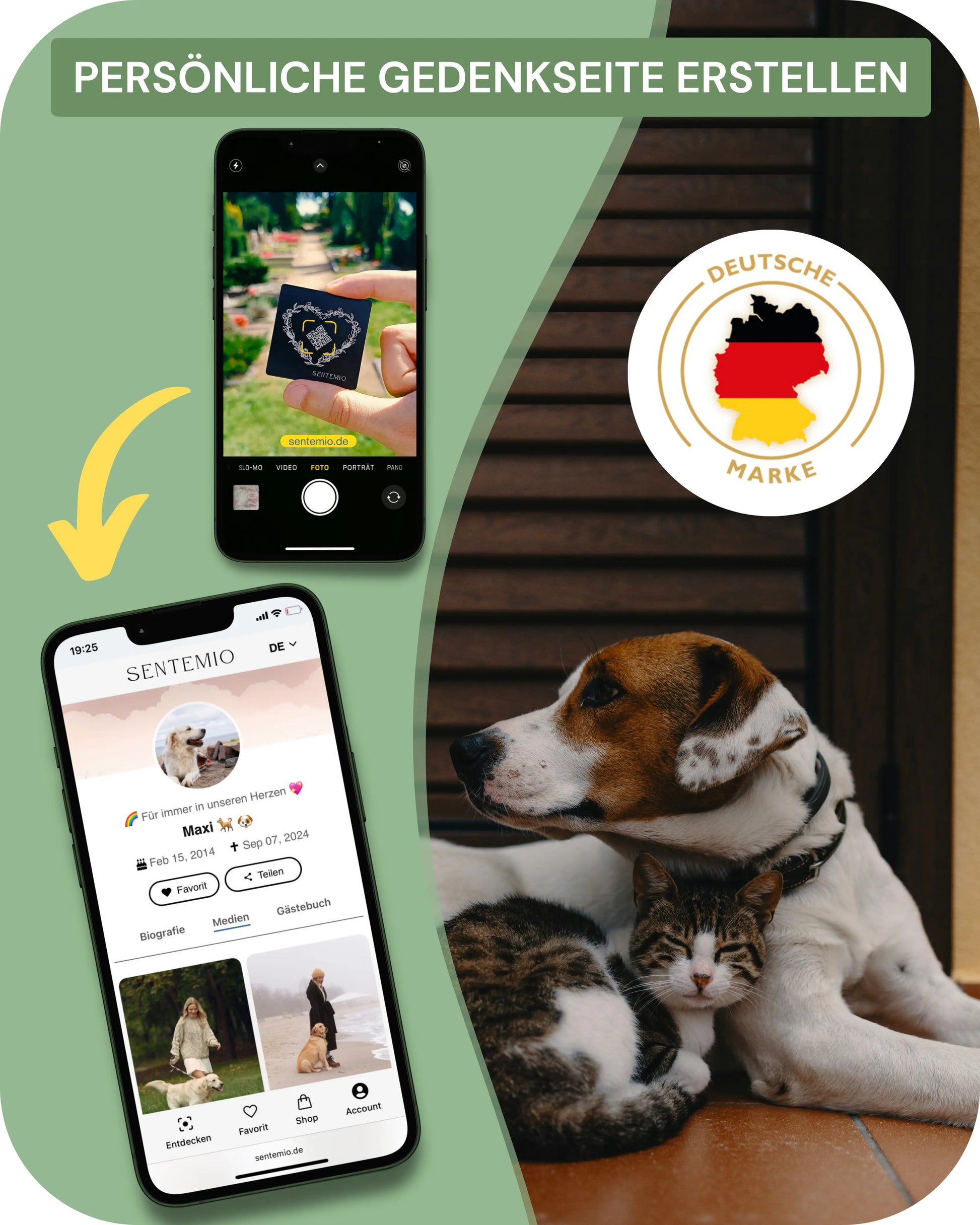 QR-Code für Tiergrab – Sentemio Medallion, wetterfest, eloxiertes Aluminium, 5×5 cm