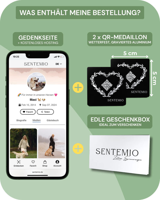 Scan führt zum Gedenkprofil mit Fotos, Videos, Gästebuch – privat oder öffentlich